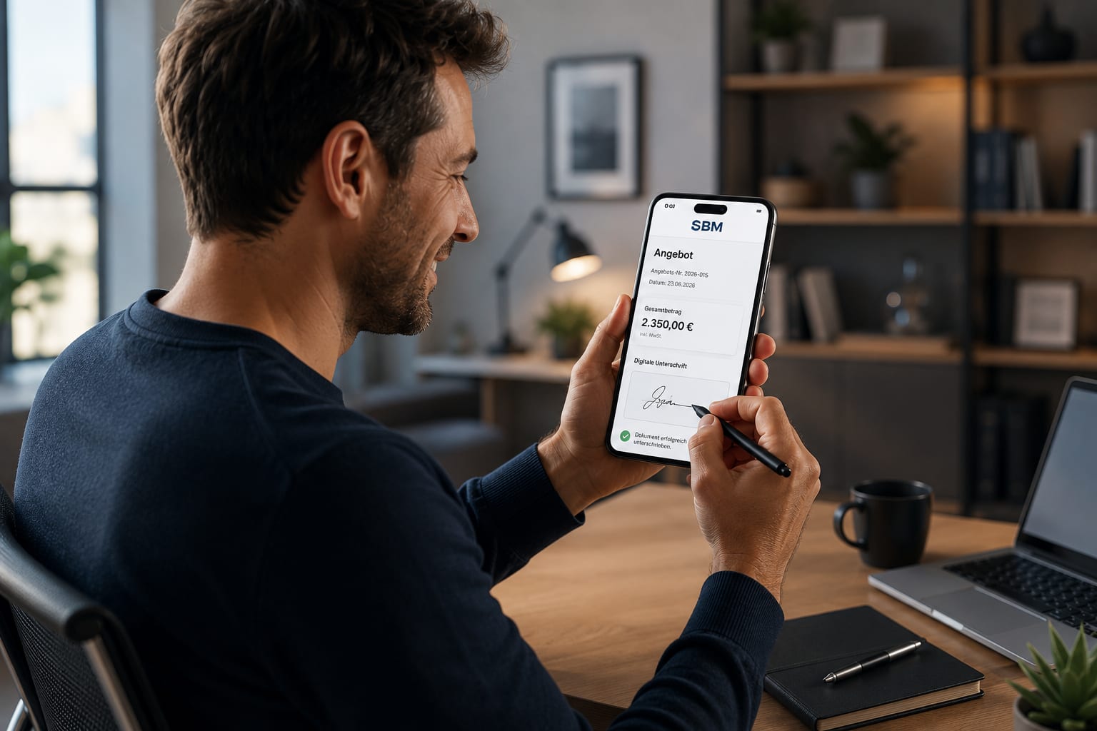 Person unterschreibt ein SBM-Angebot digital am Smartphone – Dokument erfolgreich signiert.