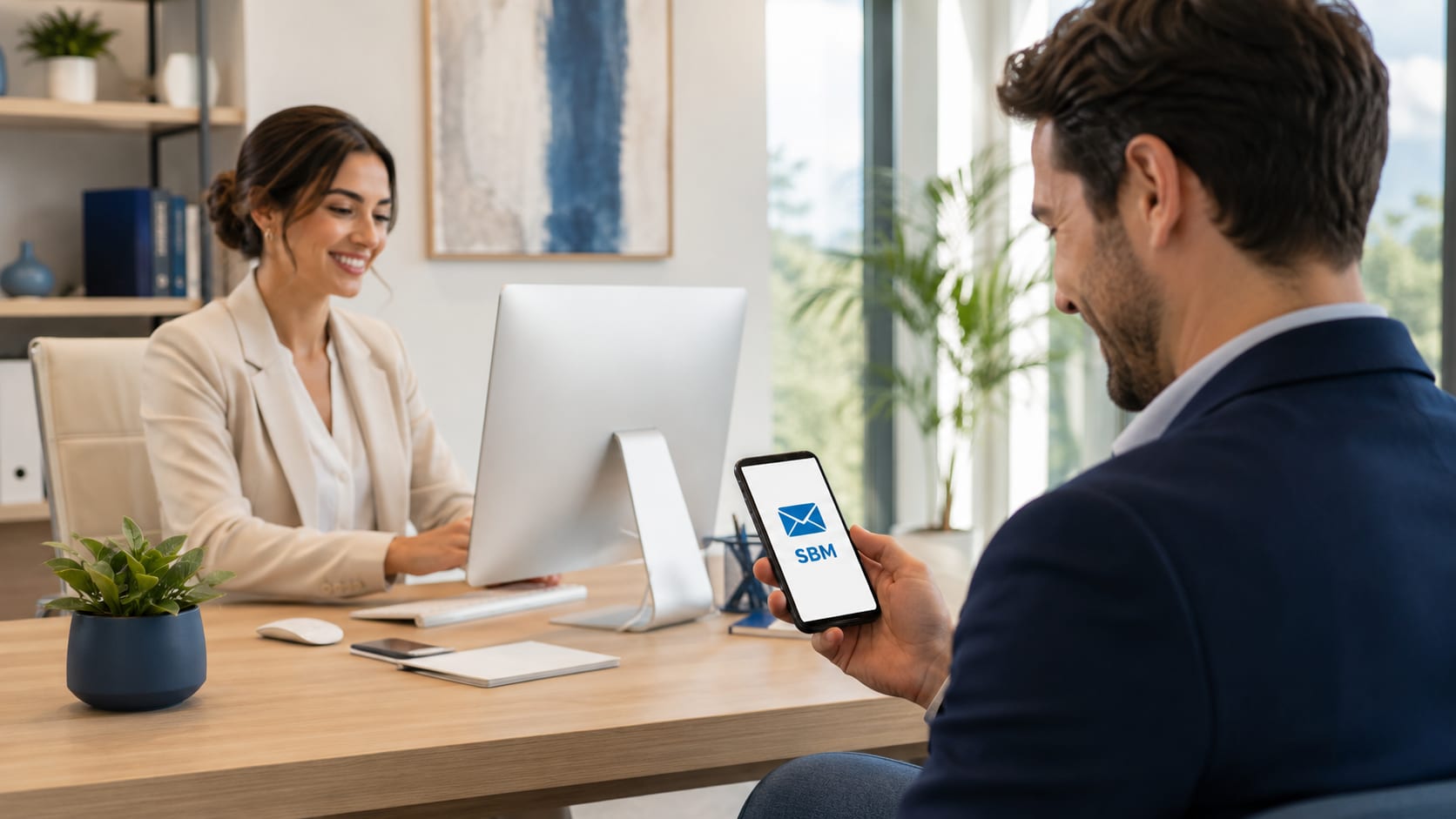 Zwei Personen im Büro; ein Unternehmer hält ein Smartphone mit der SBM-App zum Versenden von Dokumenten und Nachrichten.