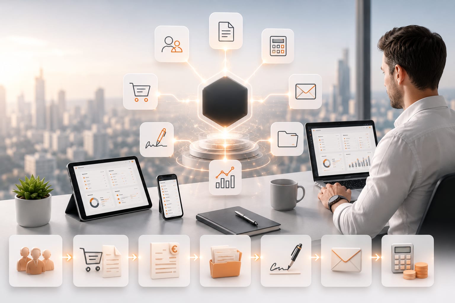 Unternehmer am Laptop mit SBM — Dashboards auf Tablet und Smartphone, umgeben von verbundenen Modul-Symbolen: Kunden, Dokumente, Rechnungen, Signatur, E-Mail und Finanzen.