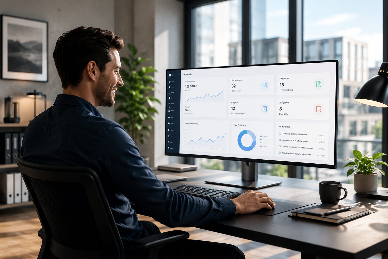 Unternehmer am Monitor mit dem SBM-Dashboard – Umsatz, Rechnungen, Angebote, Kunden und Aufgaben auf einen Blick.