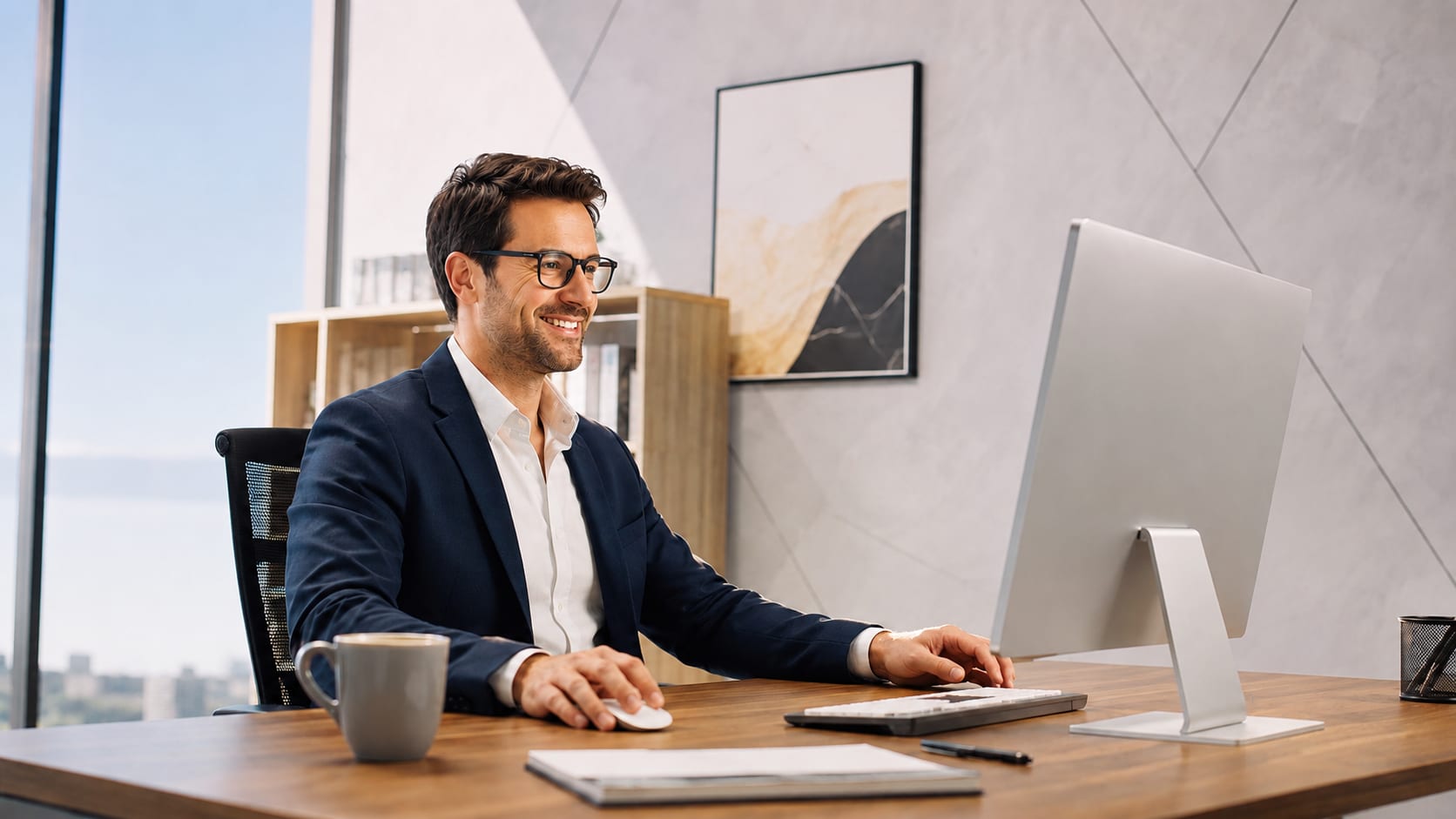 Lächelnder Unternehmer im Anzug an seinem Schreibtisch am Computer — arbeitet entspannt mit dem Simple Business Manager.