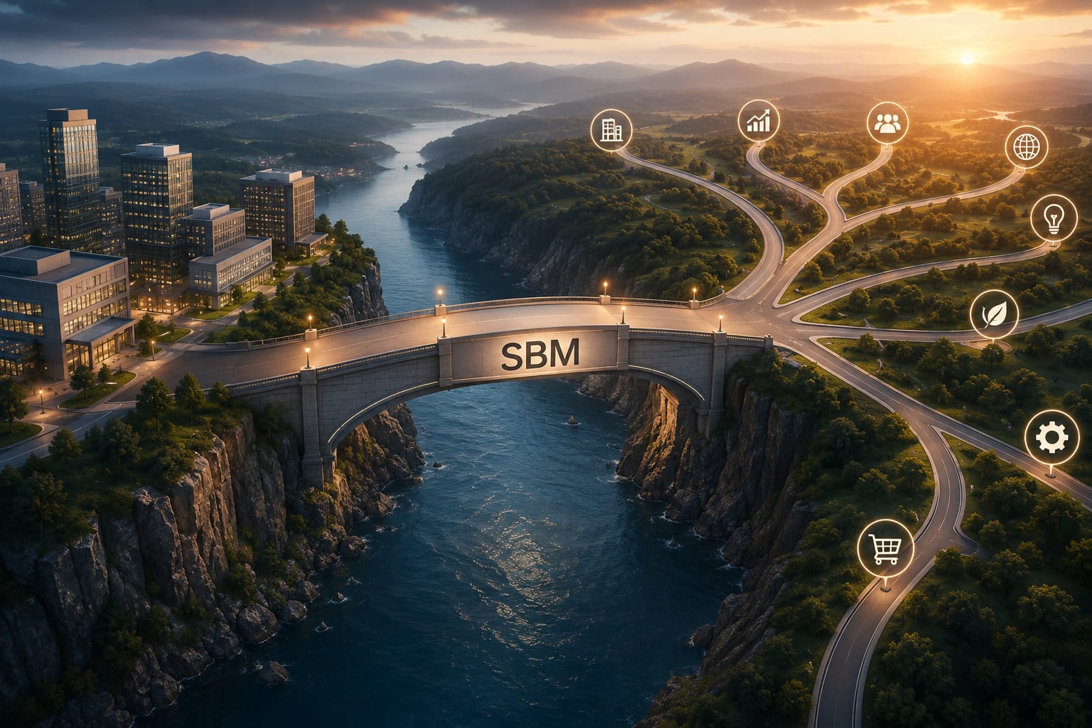 Luftbild einer Brücke mit dem Schriftzug SBM, die von einer Stadt über eine Schlucht zu vielen Straßen mit Symbolen für Kunden, Auswertungen, Handel und Einstellungen führt