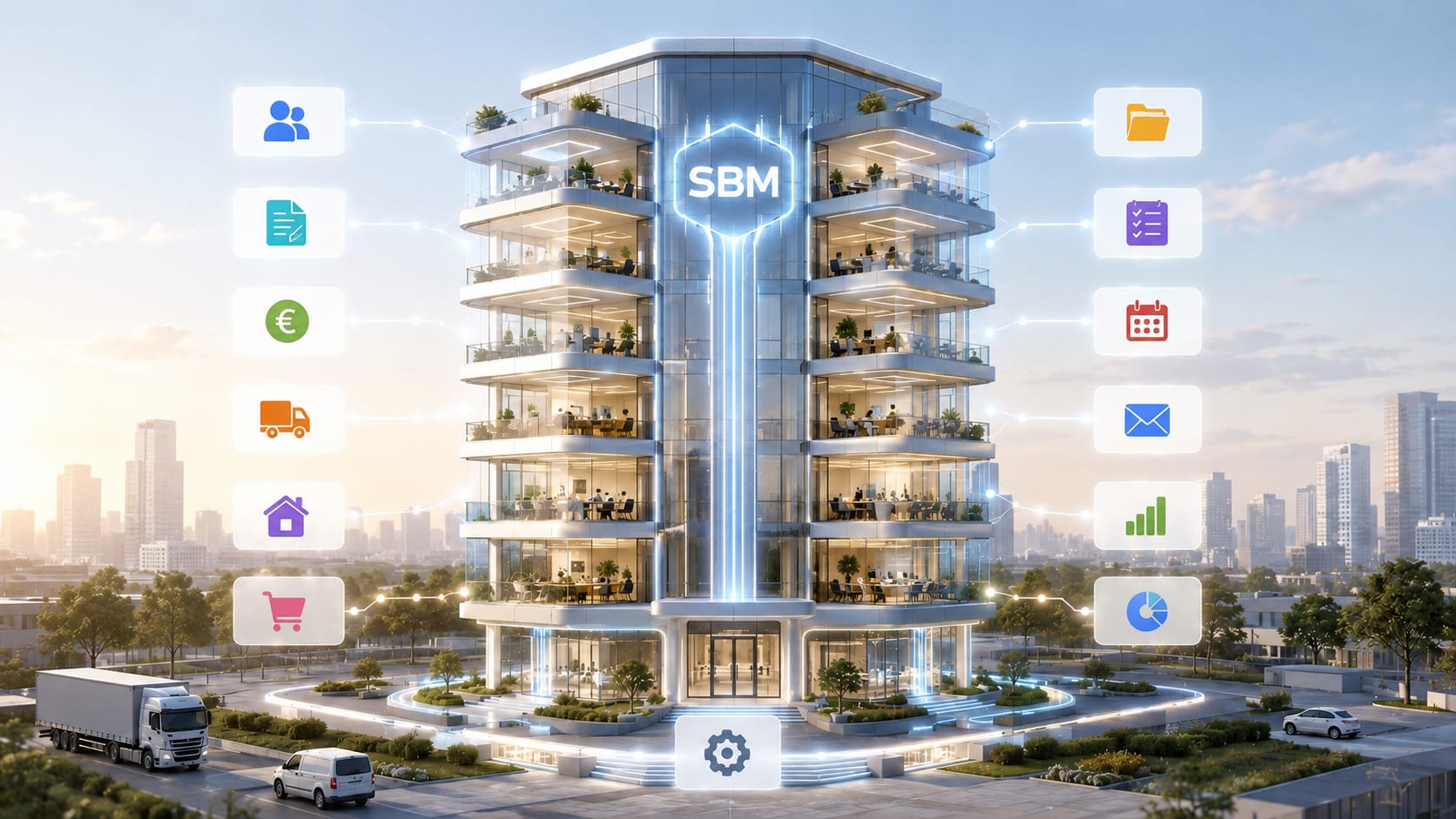 Modernes SBM-Firmengebäude, umgeben von angebundenen Modul-Icons — Kunden, Dokumente, Finanzen, Lieferung, Immobilien, Warenkorb, Ordner, Aufgaben, Kalender, E-Mail, Statistik und Auswertungen.