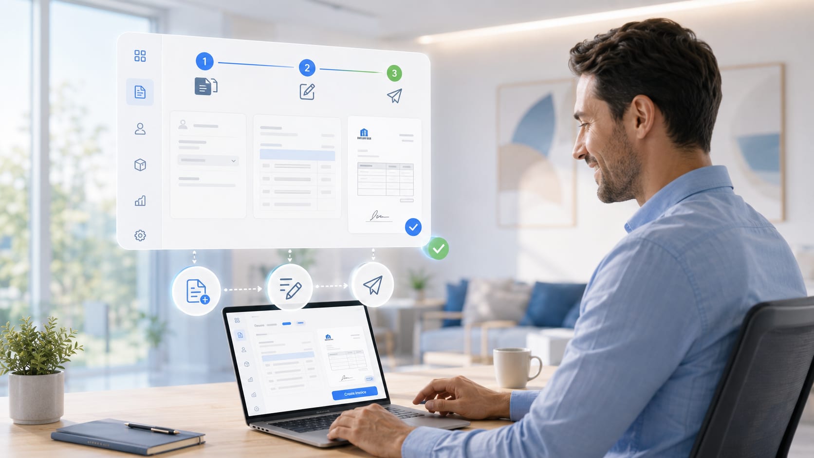 Unternehmer am Laptop erstellt mit dem Simple Business Manager in drei Schritten eine Rechnung — anlegen, prüfen und digital signieren, senden.