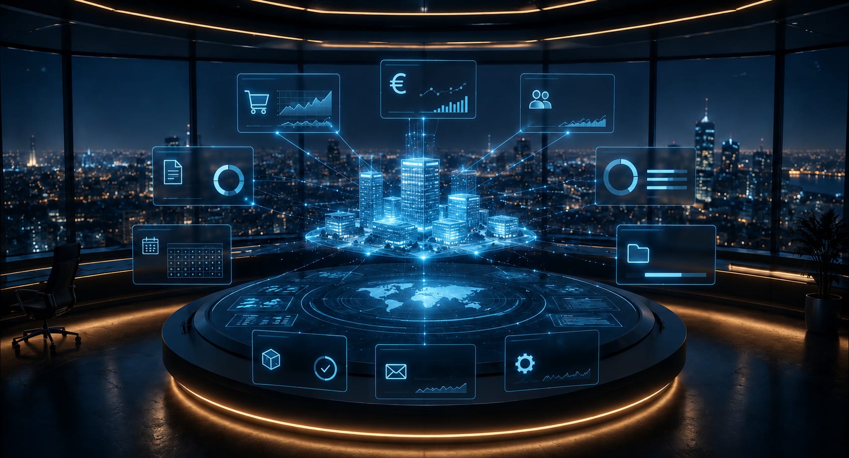 Dunkles Steuerzentrum mit holografischem Stadtmodell und schwebenden SBM-Kennzahlen — Finanzen, Aufträge, Kunden, Rechnungen, Projekte, Kalender, Dokumente, Lager, E-Mails und Automation.