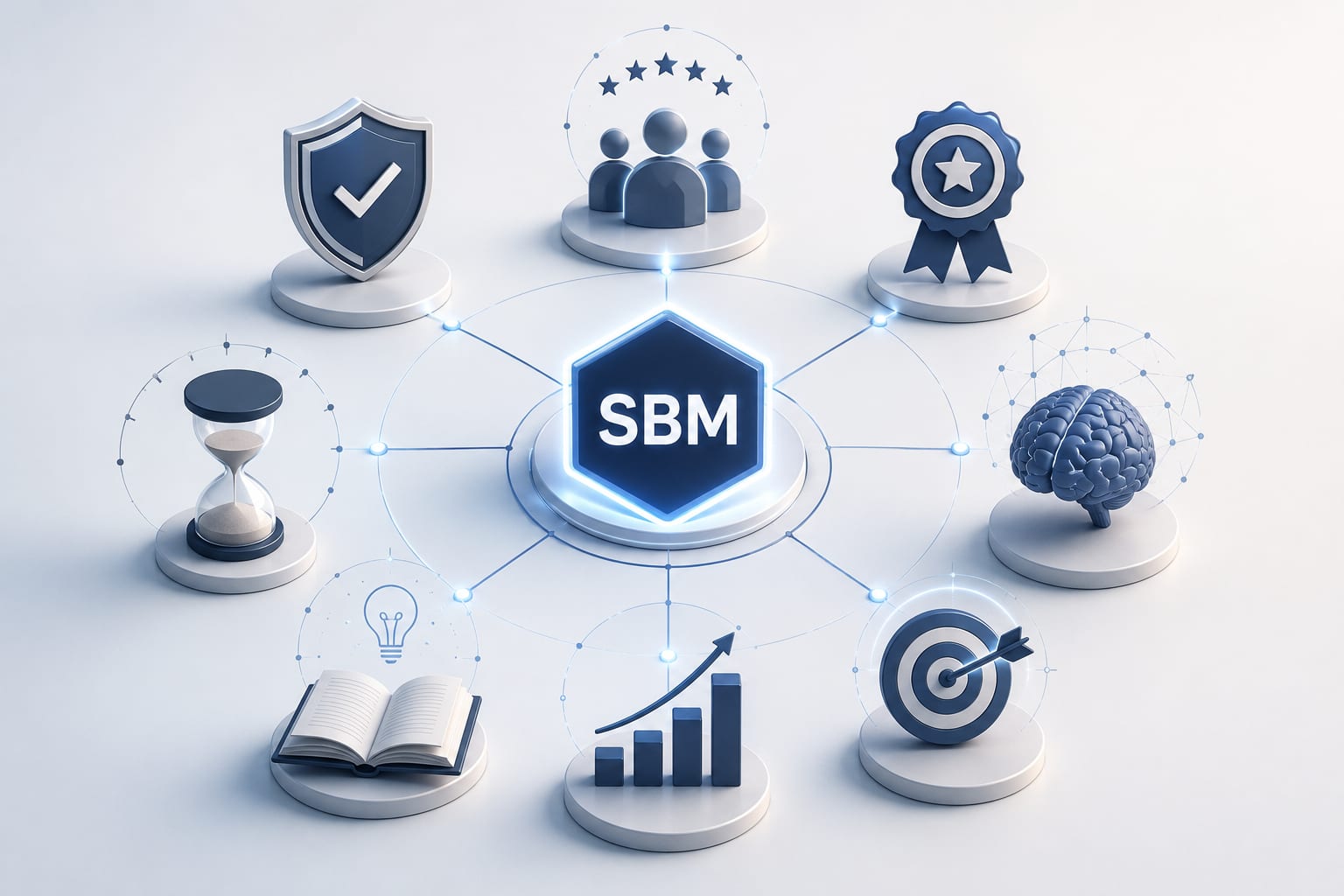 SBM im Zentrum, verbunden mit Symbolen für Vertrauen und Wissen — Sicherheit, zufriedene Kunden, Auszeichnung, langjährige Erfahrung, Wissen, Wachstum, Zielgenauigkeit und Intelligenz.